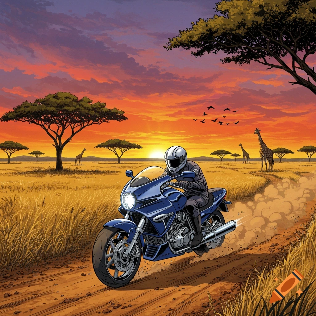Manga style illustration of a person on a blue motorcycle riding on a dirt path in an African savanna at sunset with giraffes and acacia trees in the background.