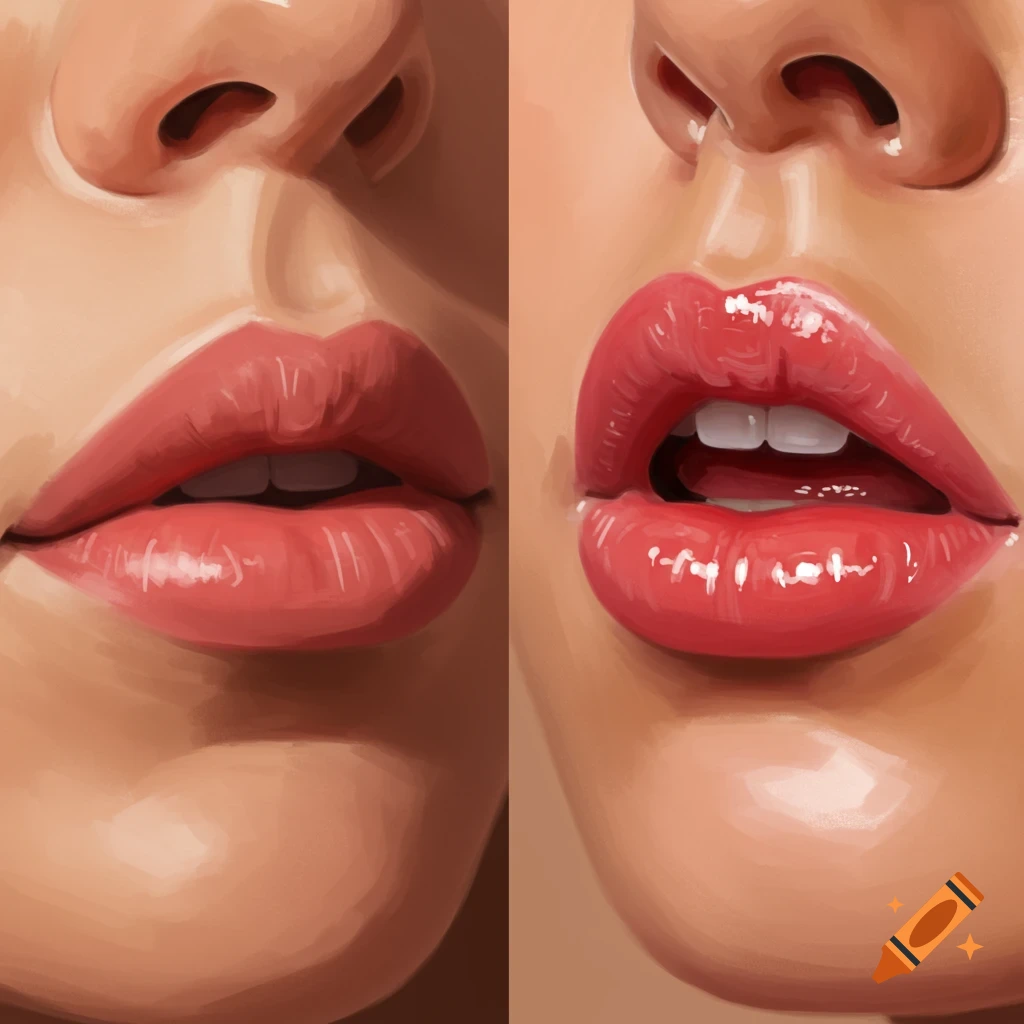 Close-up digital painting of two mouths with glossy red lips, one closed and one open, with part of the nose visible.