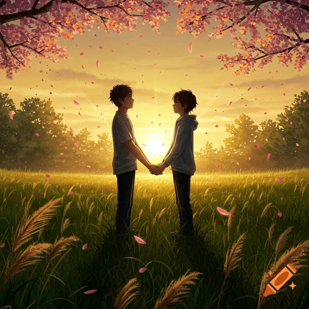Two young men hold hands in a golden field under a cherry blossom tree at sunset, anime style.