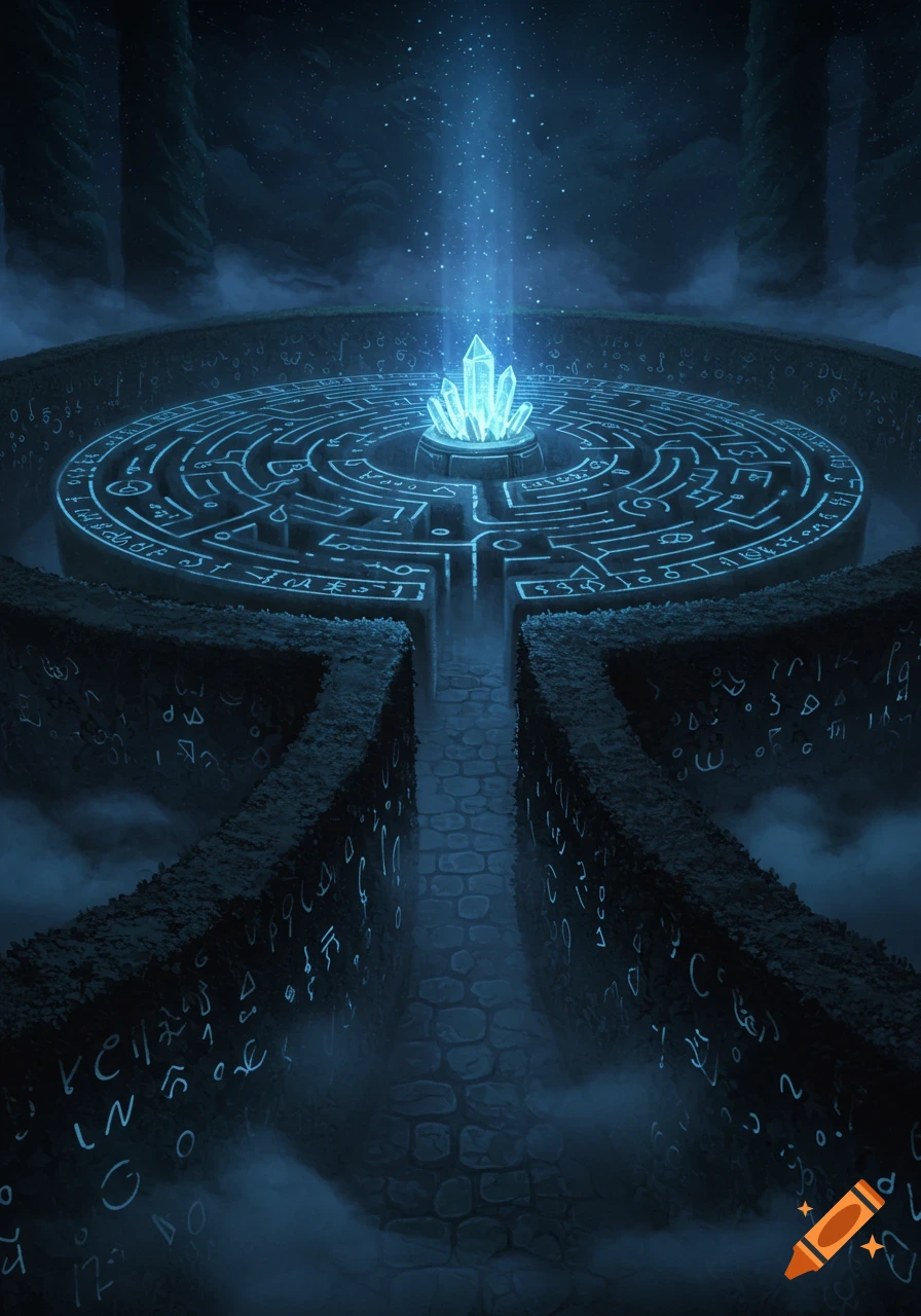 Dark, mystical labyrinth with glowing blue symbols leading to a radiant crystal under a starry sky.