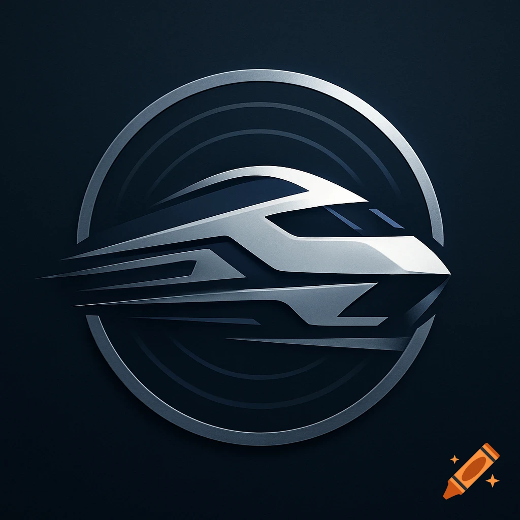 Stylized silver high-speed train logo within a circle on a dark background, depicting speed.