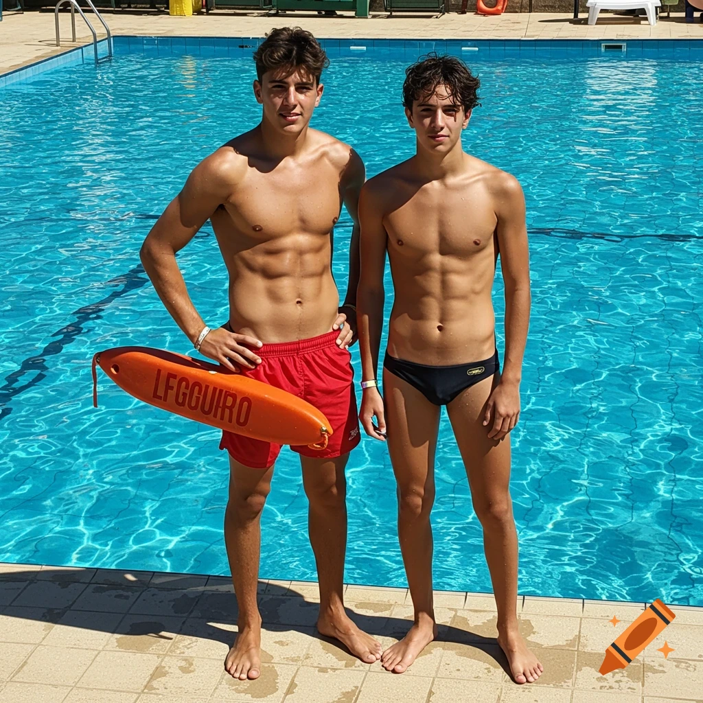 Two young men, one in red shorts with a rescue buoy and one in black swim briefs, stand by a blue swimming pool.