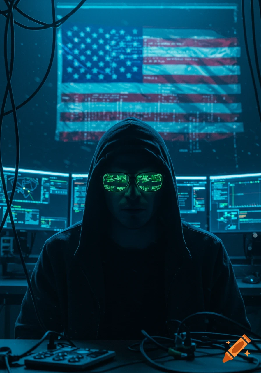 A hooded hacker in dark glasses with green digital reflections sits at multiple computer screens displaying code, with a glitchy American flag visible behind him.