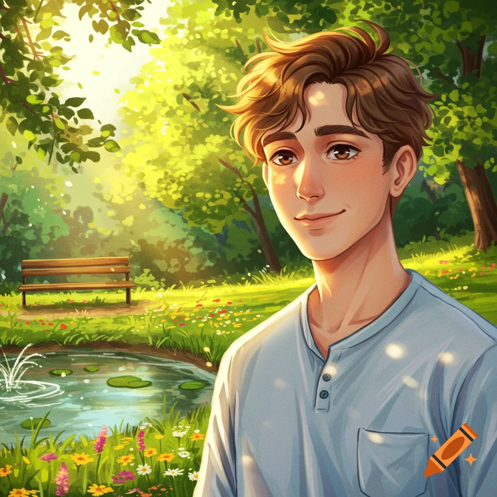Anime illustration of a smiling young man with brown hair in a bright, lush park with a pond and trees.