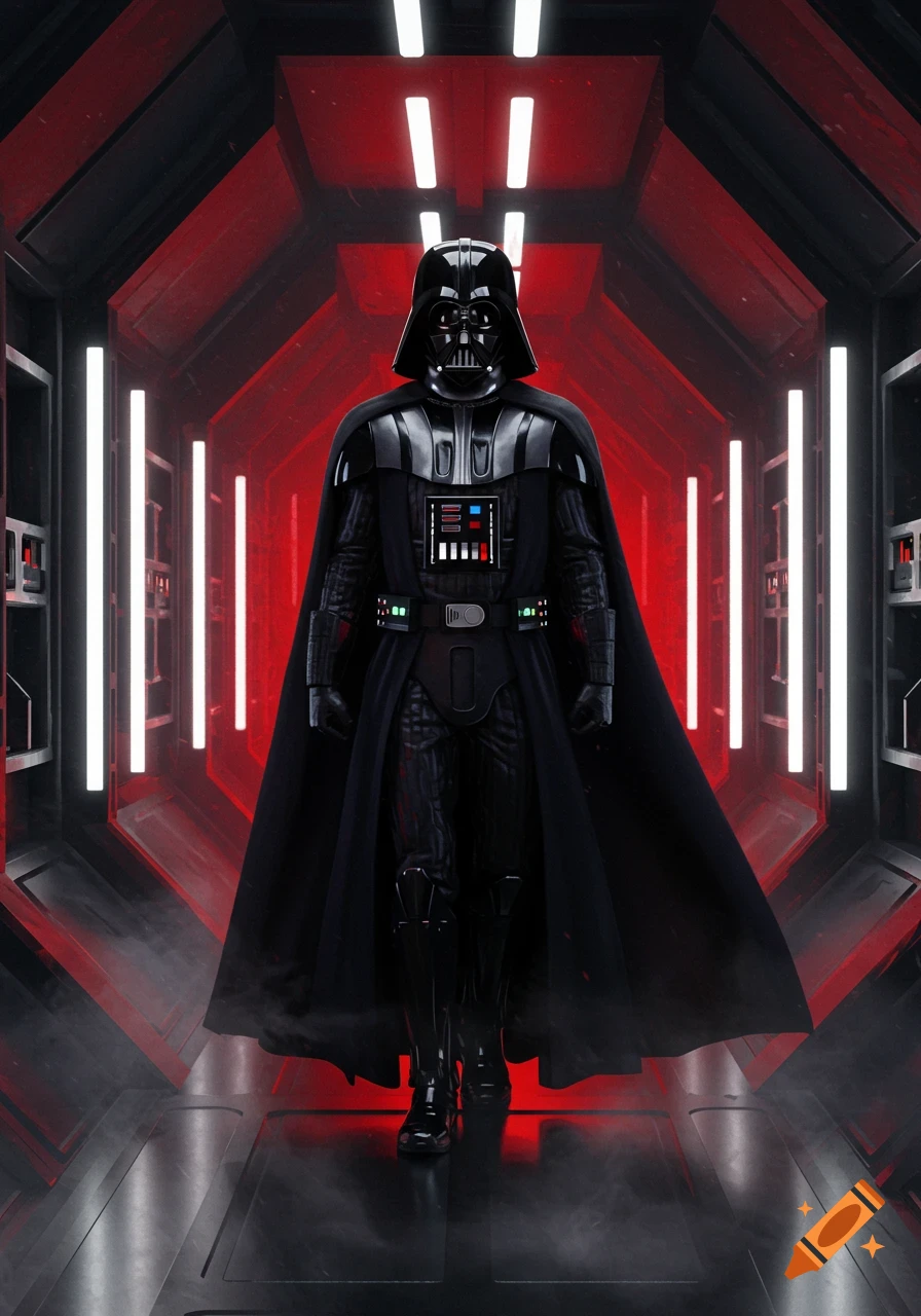 Darth Vader stands in a dark, red-lit futuristic corridor, facing forward, in a detailed photorealistic style.