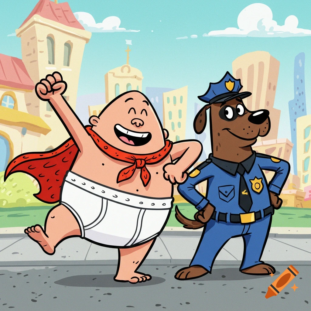 A cartoon of Captain Underpants, wearing a red cape and white briefs, smiling with his arm raised triumphantly, next to a brown dog in a police uniform, set against a city background.