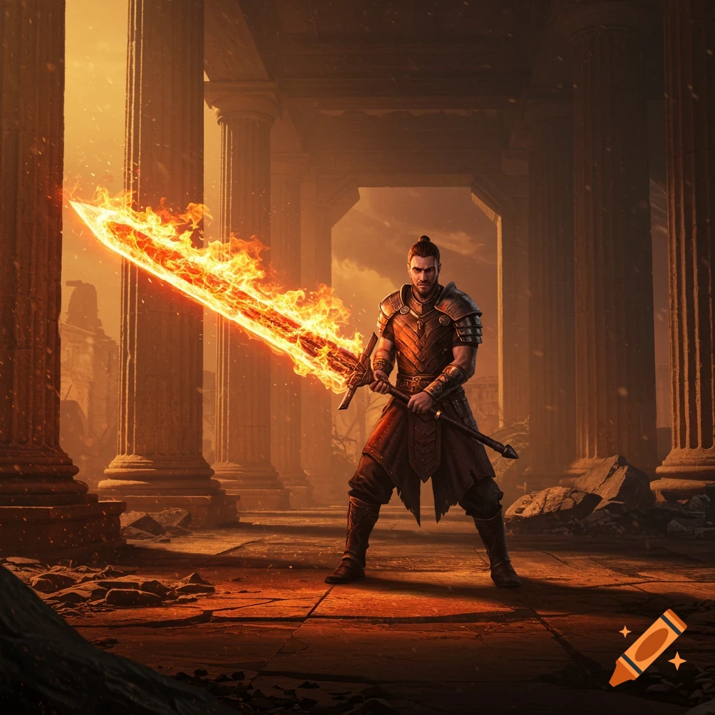 A warrior in armor wields a large flaming sword amidst the ruins of an ancient temple with tall columns, bathed in an orange light.