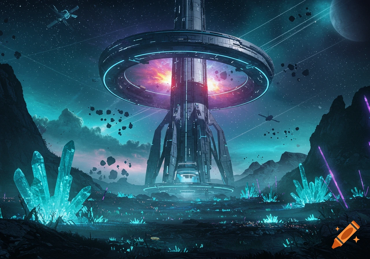 A futuristic sci-fi landscape with a large, glowing ringed structure, spaceships, floating asteroids, and turquoise crystals under a starry sky.