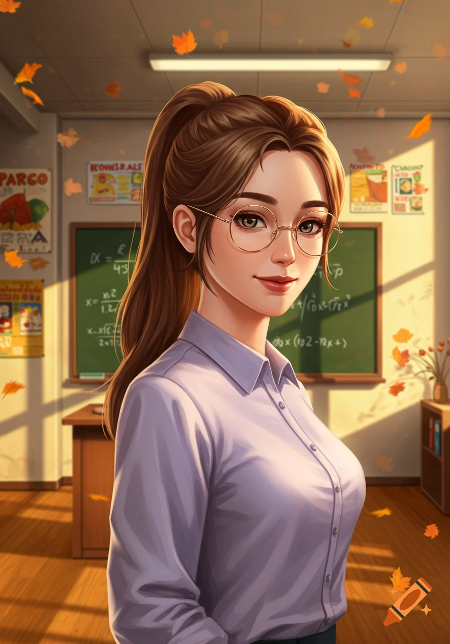 An anime-style teacher with brown hair in a ponytail and glasses, wearing a light purple shirt, stands in a sunlit classroom filled with autumn leaves.