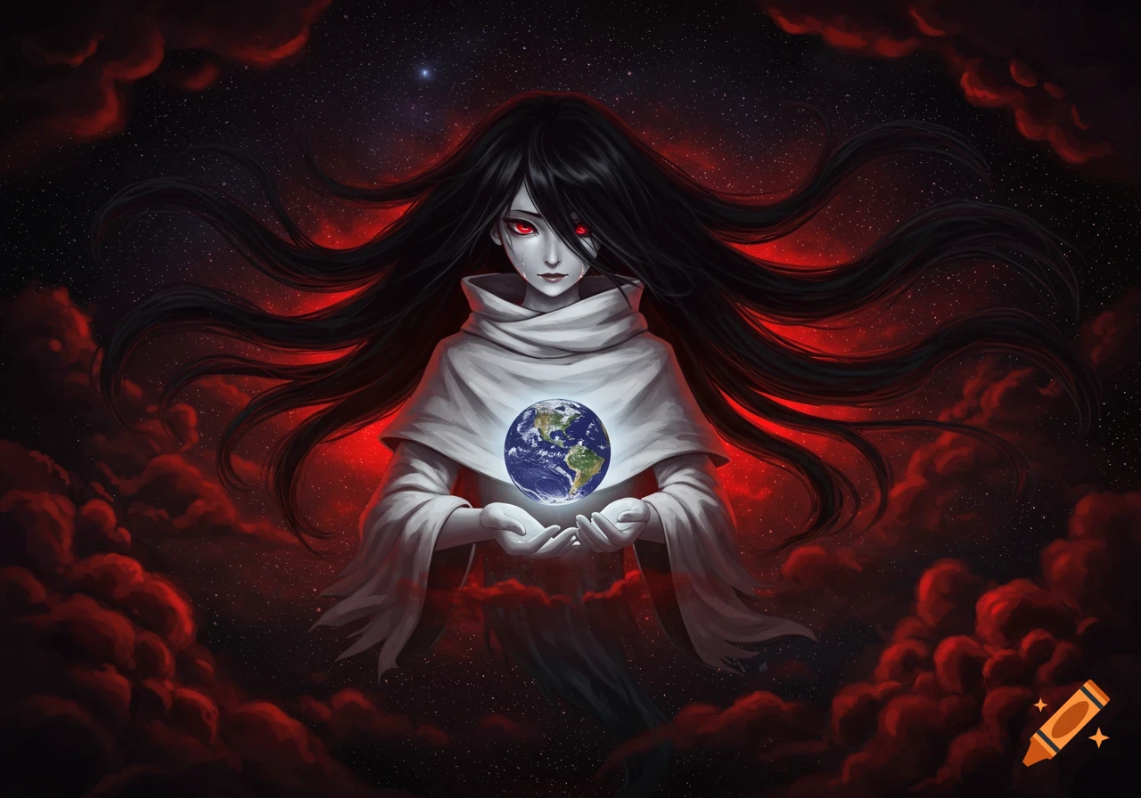 An anime cosmic ghost woman with long black hair and red eyes holds a miniature Earth in a black starry void with scarlet clouds.