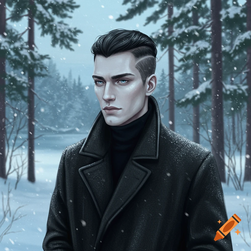 A digital art portrait of a man with dark hair and blue eyes, wearing a black coat in a snowy forest.