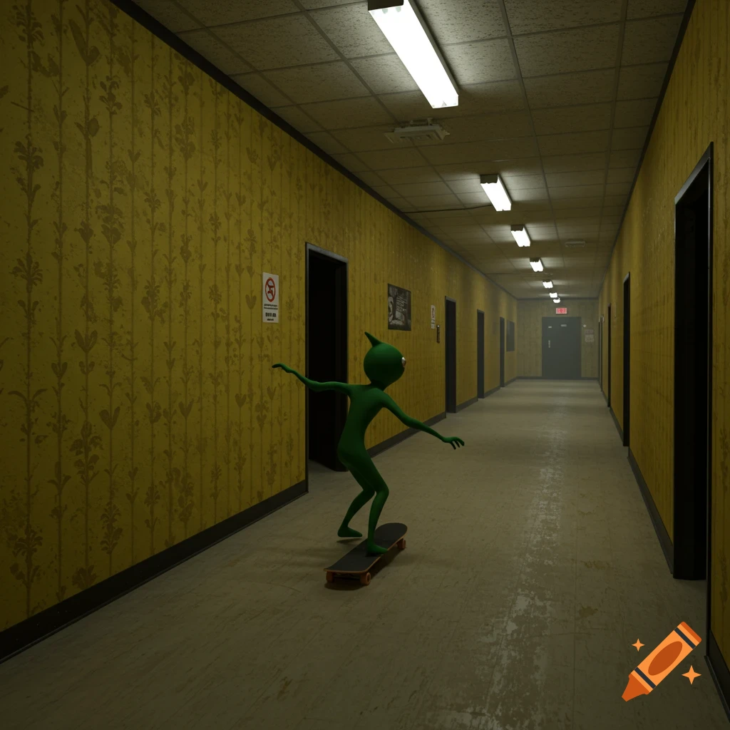 A green cartoon alien character on a skateboard in a long, dim hallway with yellow floral wallpaper and fluorescent lights.