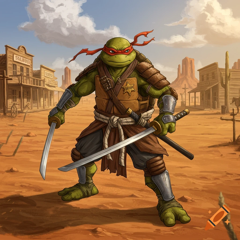 Raphael, a Ninja Turtle, in a Wild West sheriff outfit holding katanas in a desert town.