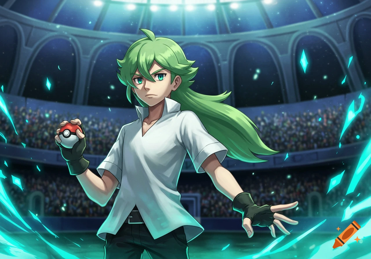 Anime character N from Pokemon, with green hair, holding a Pok\u00e9 Ball in a large stadium surrounded by glowing blue effects.