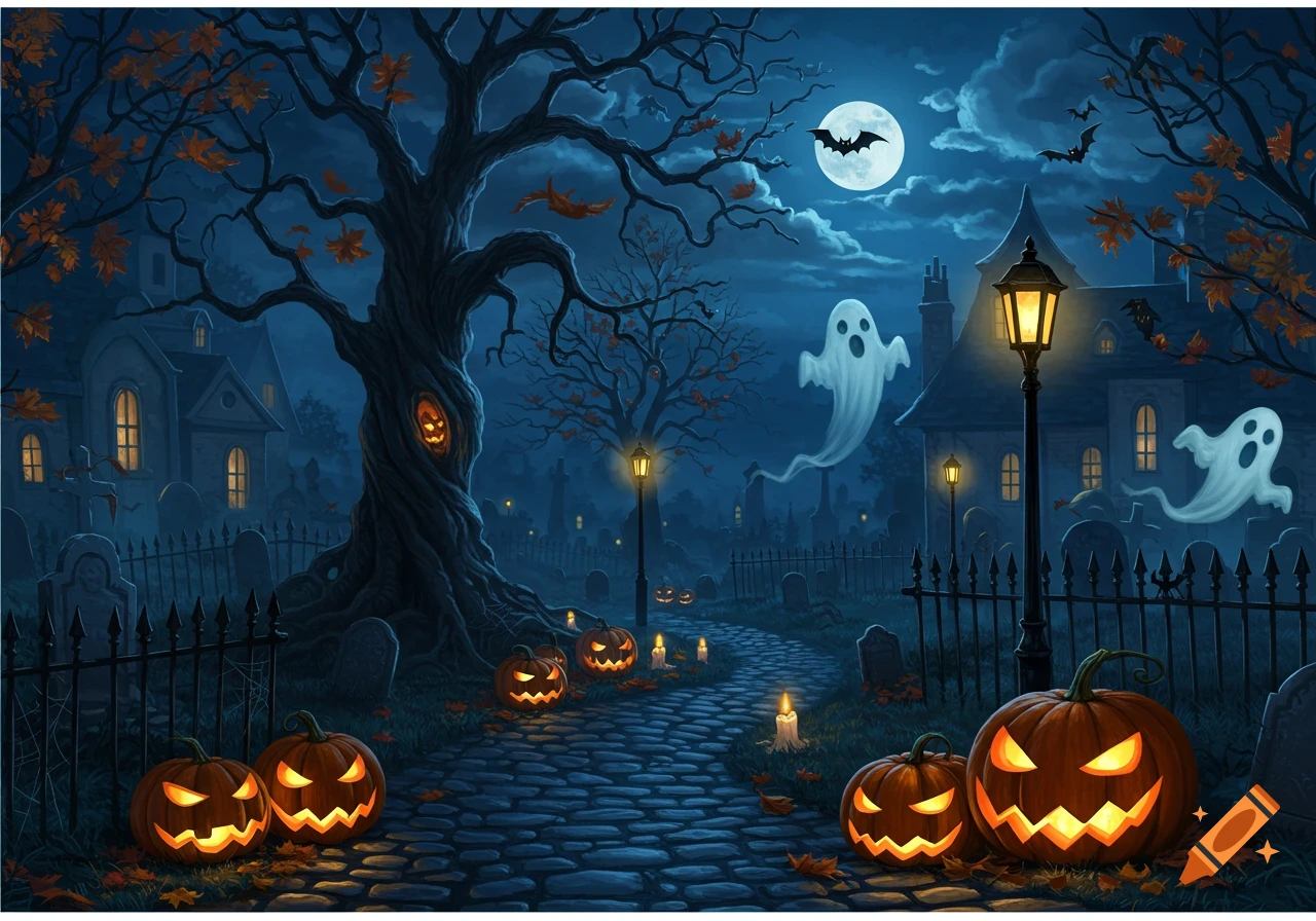 A moonlit Halloween night scene with glowing jack-o'-lanterns, ghosts, bats, a spooky tree, and a haunted house in a graveyard.