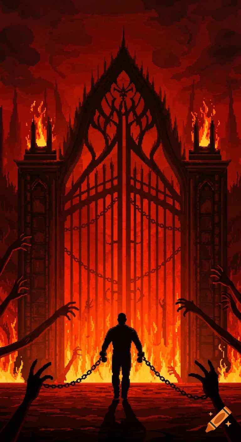 A silhouetted man, chained at the wrists, walks from fiery gothic gates of hell as pixelated hands reach from the flames in 8-bit pixel art.