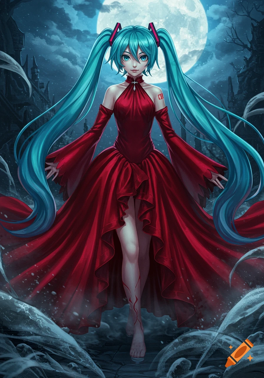 Anime illustration of Hatsune Miku in a flowing red dress, standing under a full moon in a dark, mysterious landscape.