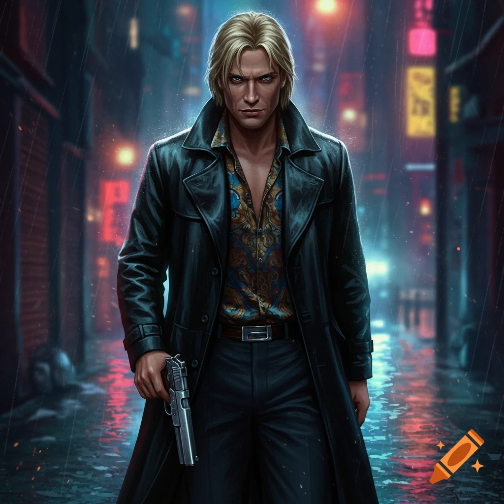 A blonde man in a black trench coat and patterned shirt holds a silver gun in a rainy, neon-lit city alley, digital art.