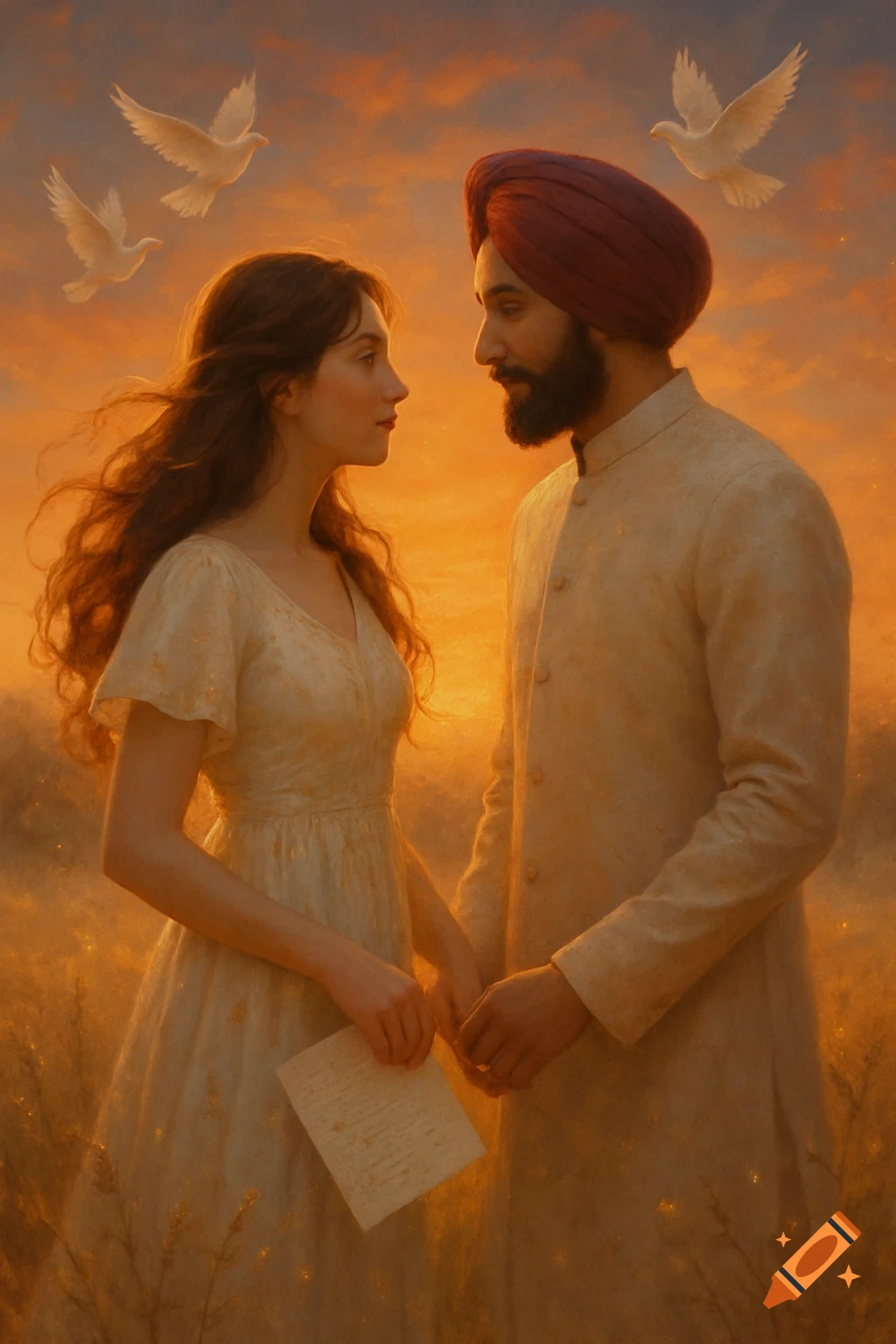 A romantic couple, a woman in an ivory dress and a Sikh man in a turban, gaze at each other at sunset in a golden meadow with doves flying overhead.