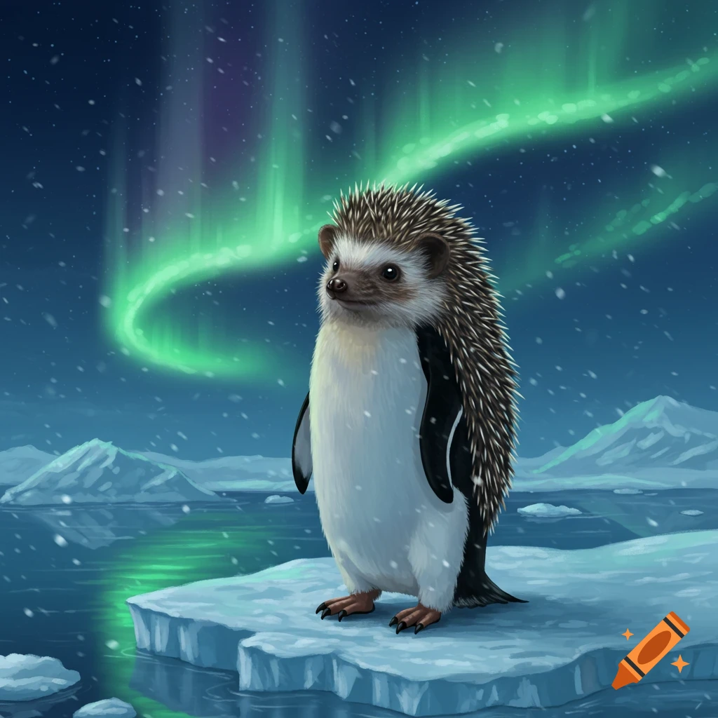 A hybrid creature with a hedgehog head and penguin body stands on an ice floe under green aurora lights and falling snow.