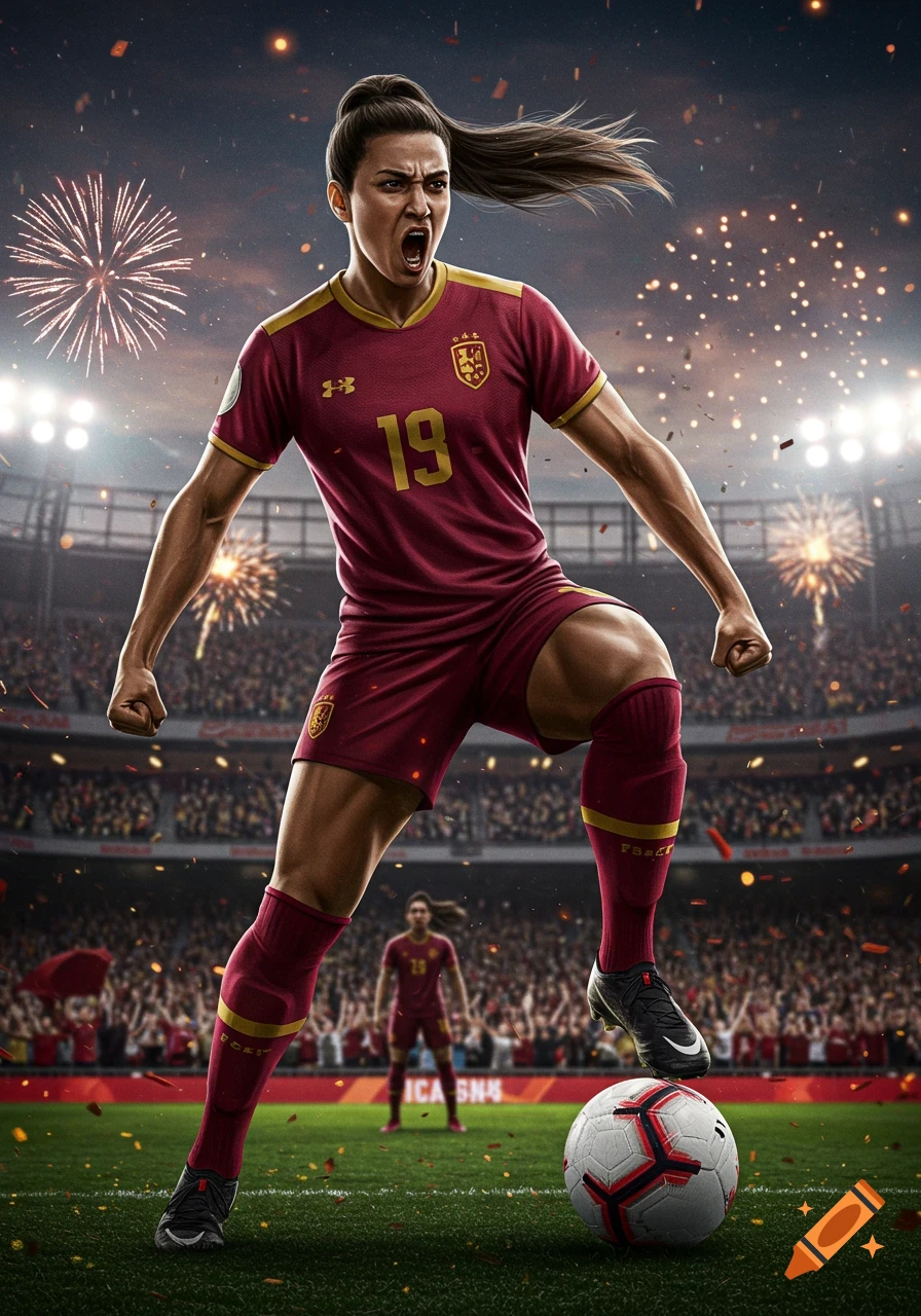 A female soccer player in a maroon jersey, number 19, celebrates intensely on a field with a soccer ball, fireworks exploding in the background.