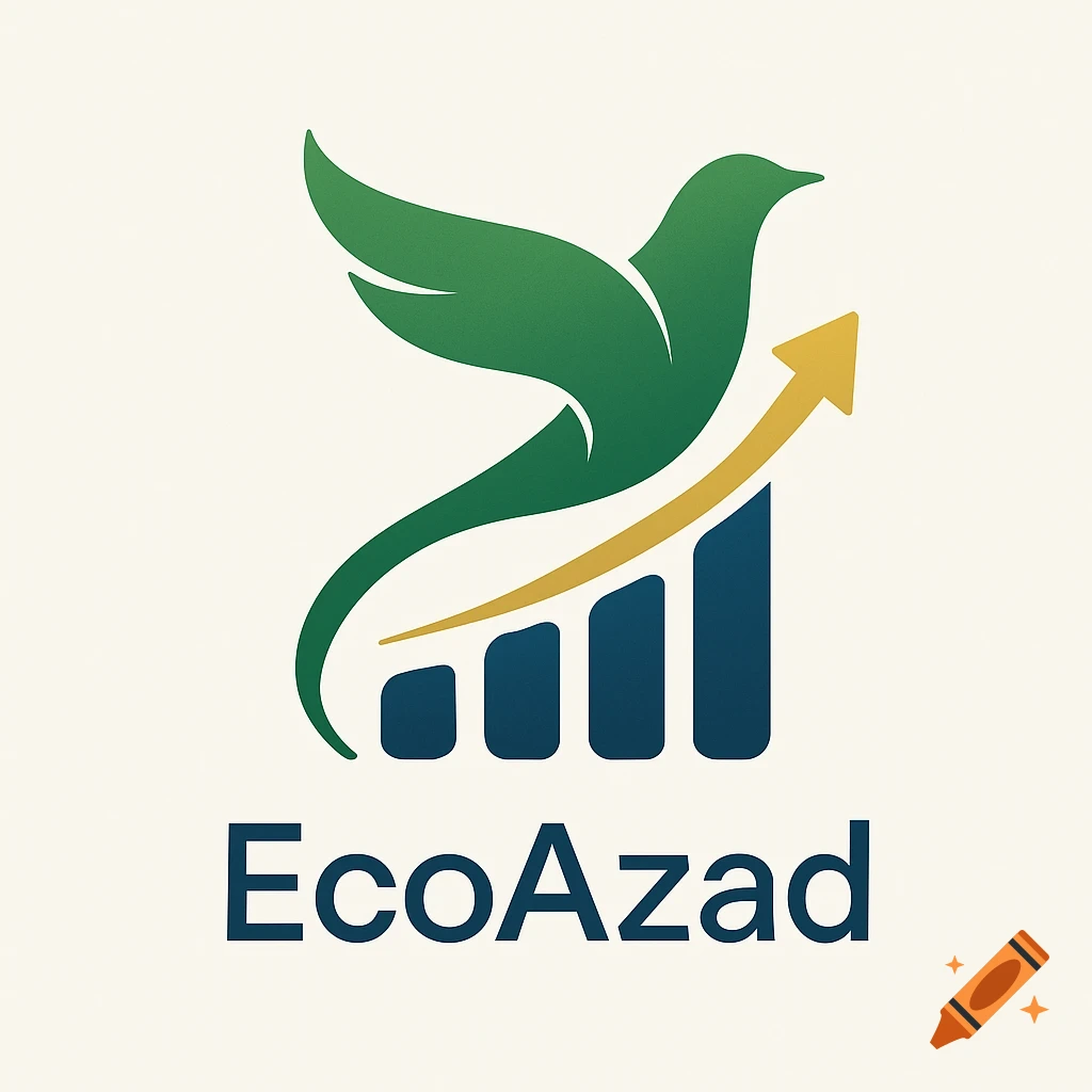 Minimalist logo featuring a green bird flying over a blue bar chart with a golden arrow, and the text EcoAzad below.