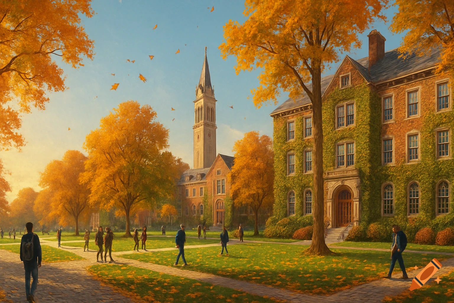 University campus in autumn with students walking on paths, old brick buildings, and vibrant golden trees.