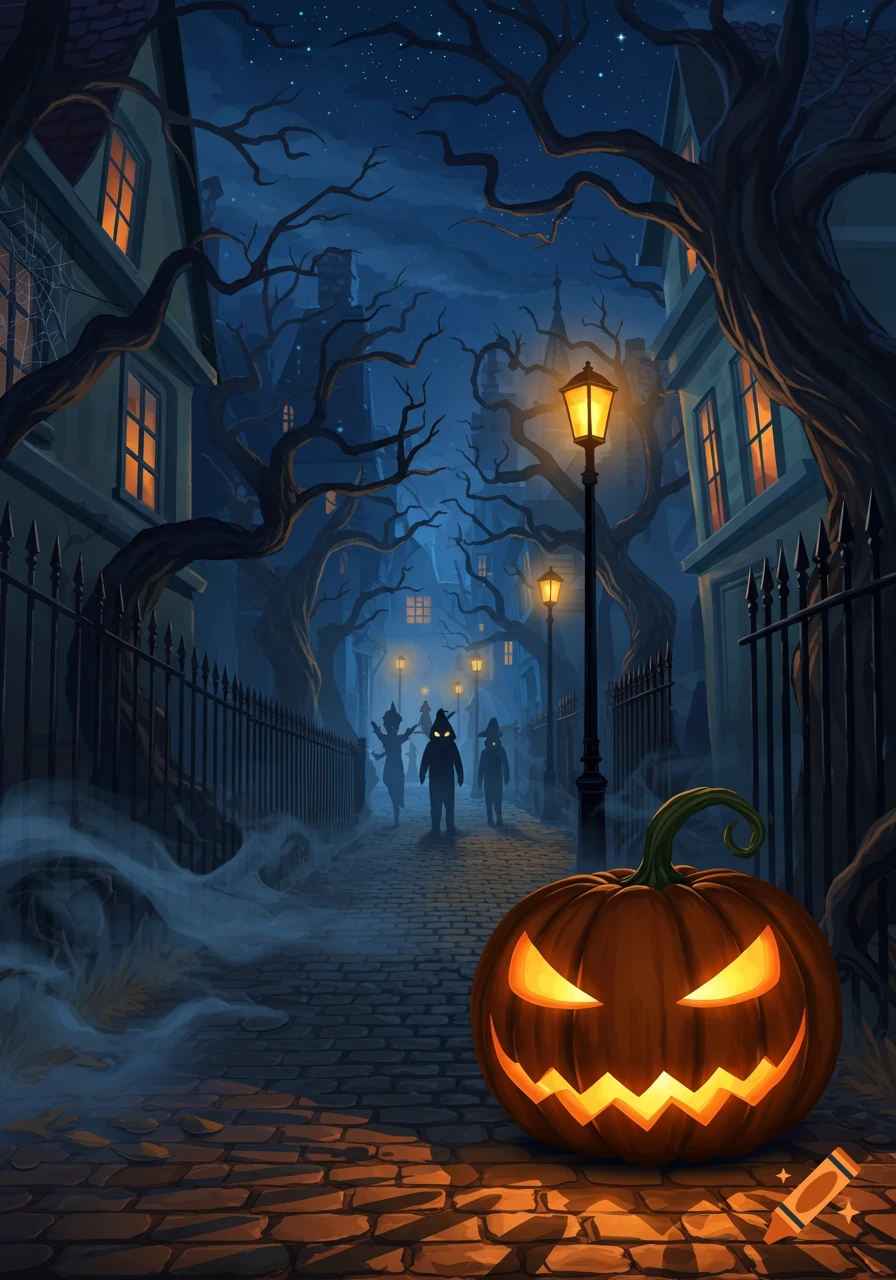 An illustrative Halloween night scene with a glowing jack-o'-lantern in the foreground and shadowy figures on a cobblestone street.
