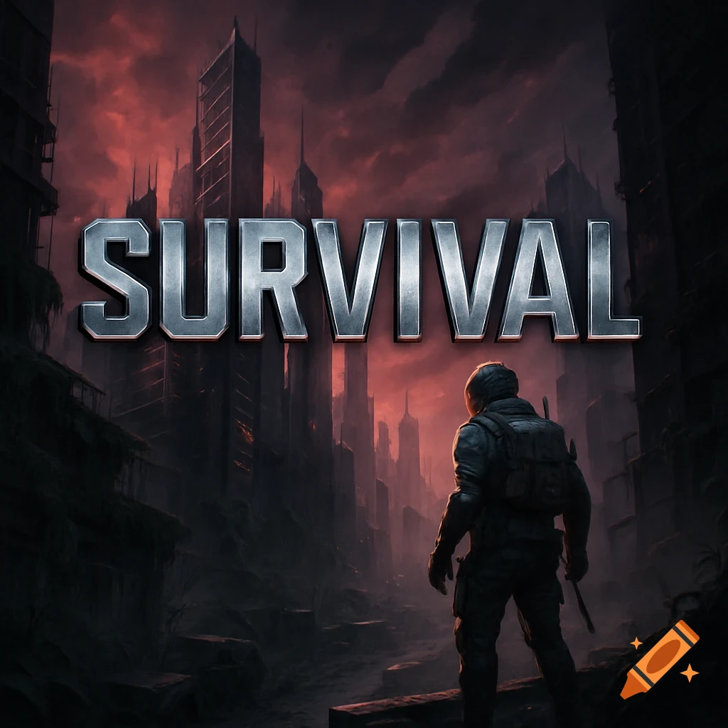 Text 'SURVIVAL' over a lone person looking at a dark, ruined futuristic ...