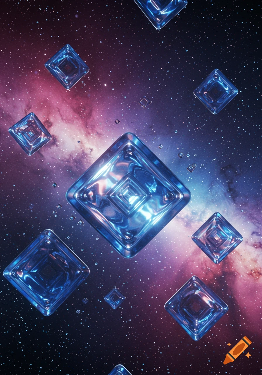 Blue glowing diamond-like shapes float through a starry, purple and pink nebula in outer space.