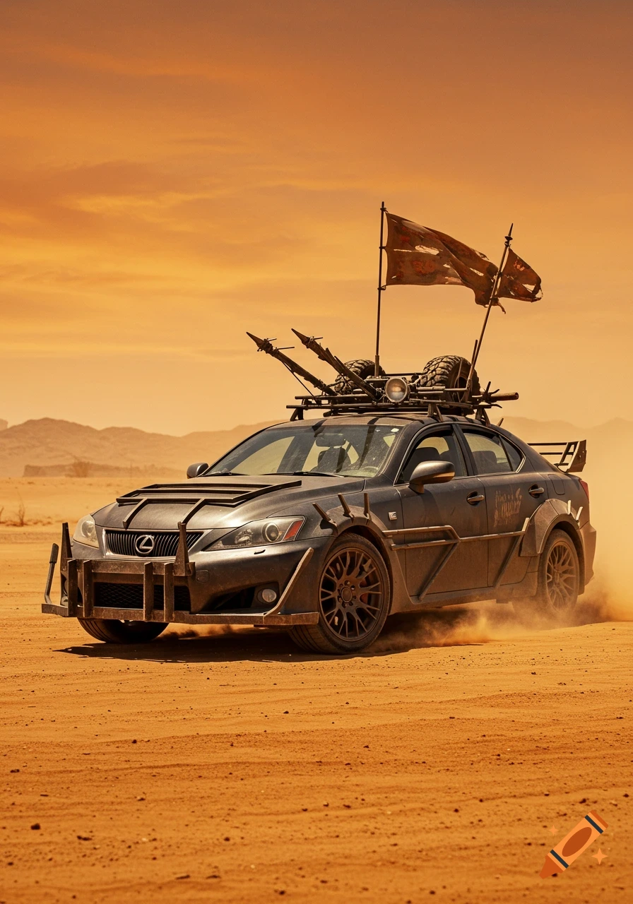 A heavily armored Lexus IS-F, modified like a Mad Max car, drives through a dusty desert landscape under an orange sky.