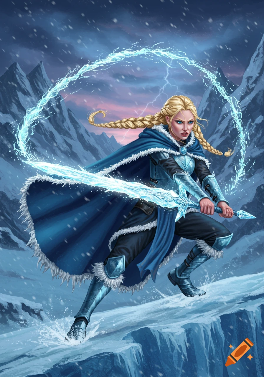 A blonde warrior princess wields a glowing ice sword and ice magic in a snowy mountain landscape, digital painting.