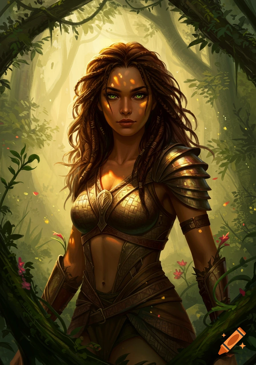 A fantasy warrior woman with flowing dark hair and glowing green eyes, clad in intricate golden armor, stands framed by vines in a sunlit forest.