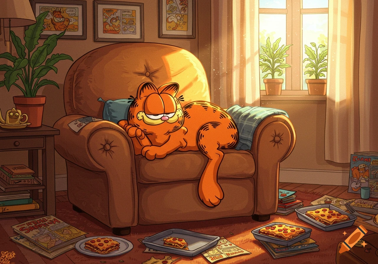 Garfield, the orange cat, is sleeping on a brown armchair in a sunlit room, surrounded by pizzas and comic books.