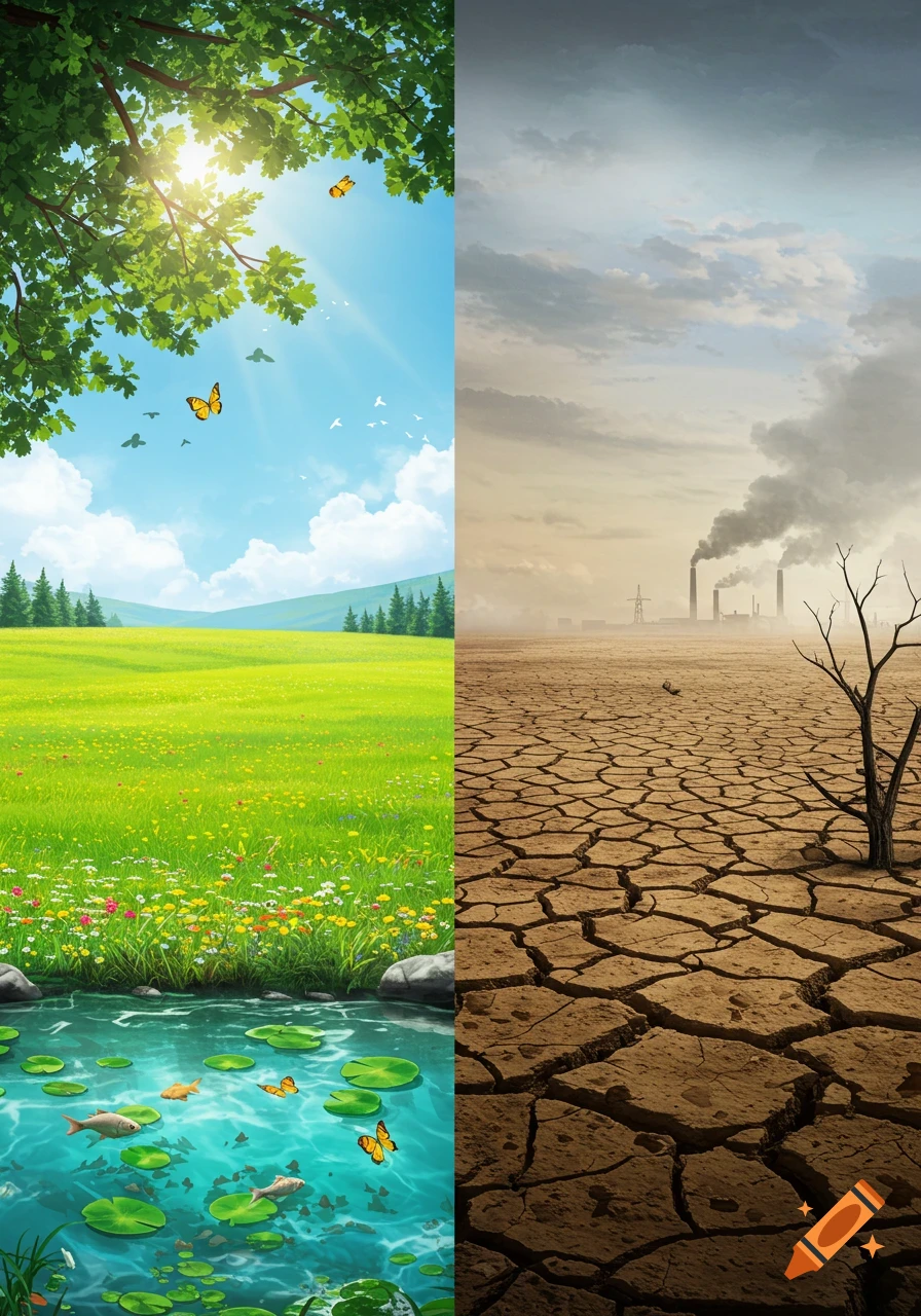 A split image showing a vibrant green landscape with a pond, trees, and blue sky on the left, contrasted with a barren, cracked desert with industrial smokestacks under a cloudy sky on the right.