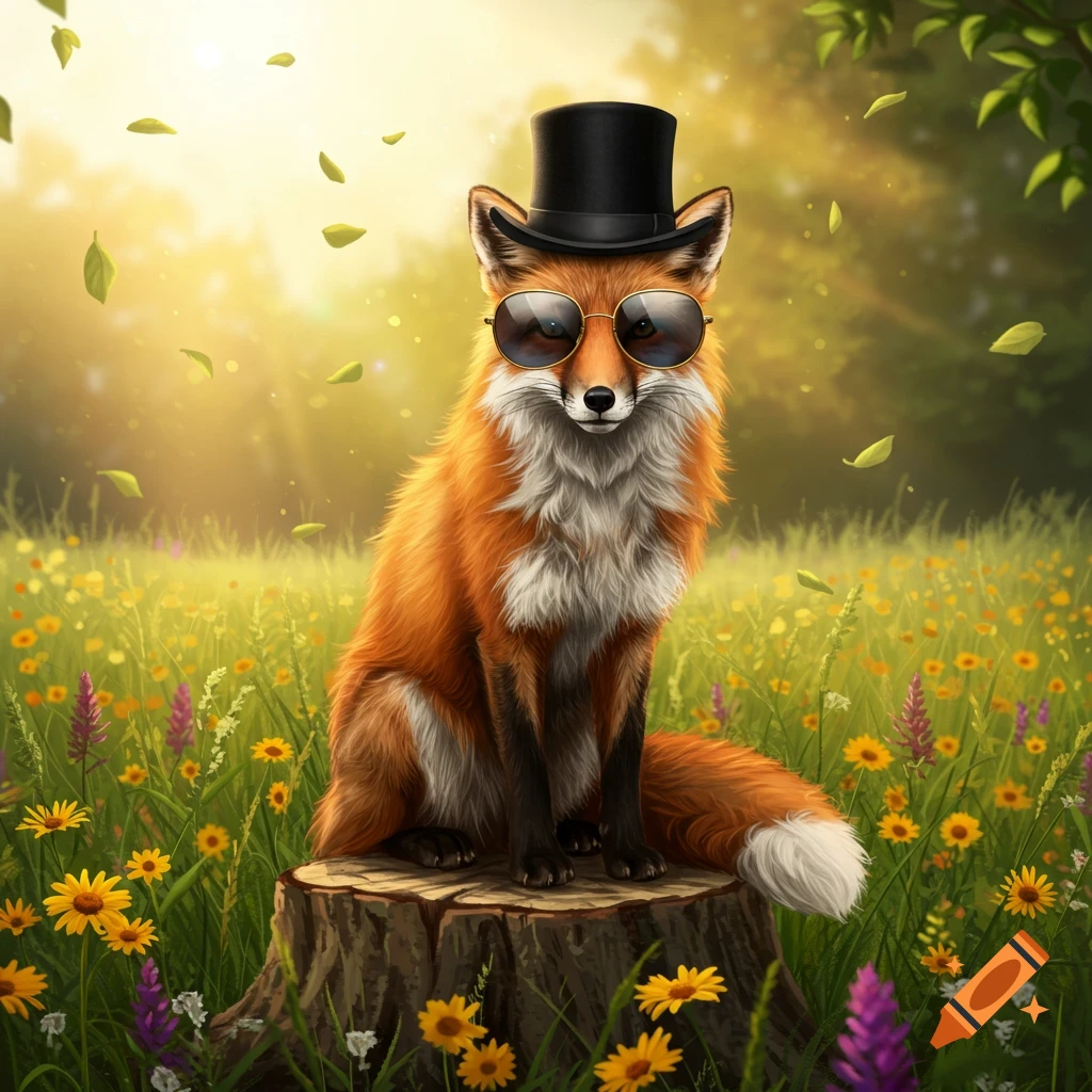 A charming fox in a top hat and sunglasses sits on a tree stump in a sunny meadow filled with colorful wildflowers.