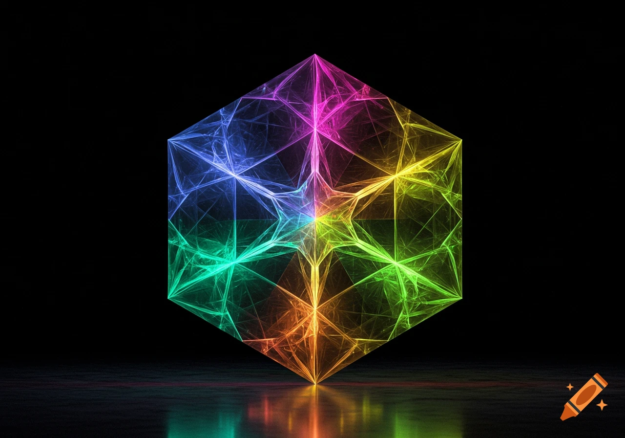 A vibrant, multi-colored geometric cube made of glowing, interconnected lines, reflecting on a dark surface.