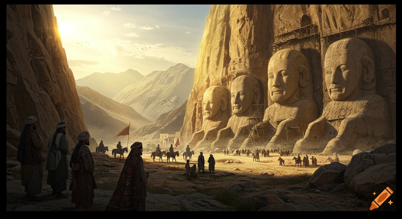 An epic ancient scene with people and horsemen in a mountainous valley, observing colossal statues being carved into cliffs.