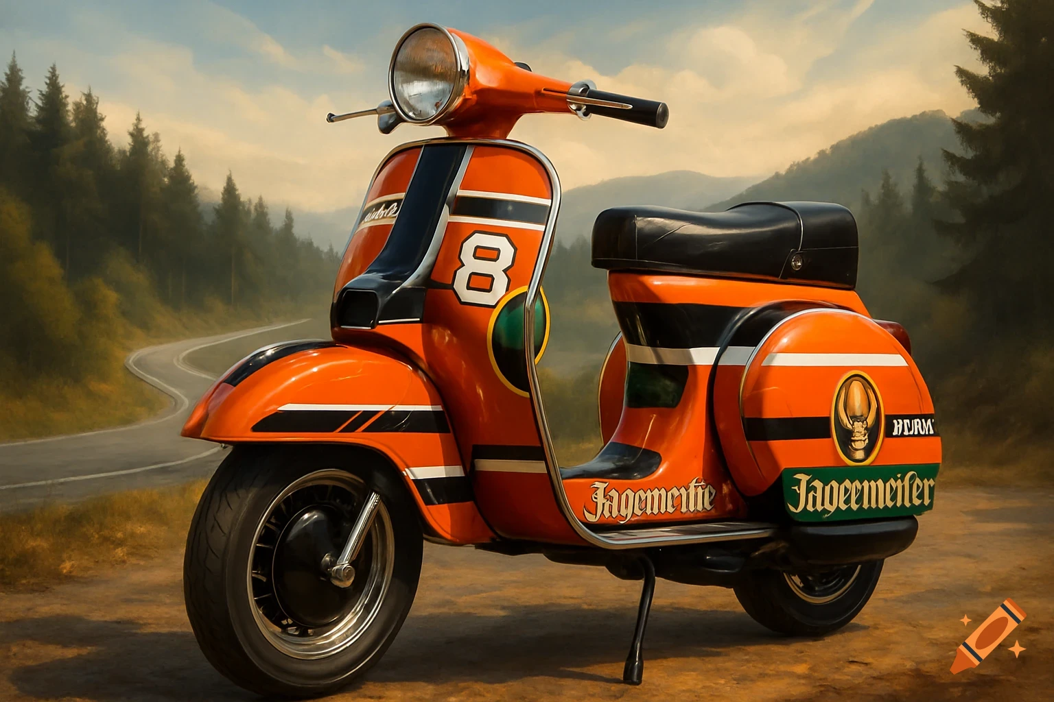 An orange Vespa-style scooter with black and white stripes and racing number 8, featuring garbled 'Jägermeister' branding, parked on a dirt road with a winding mountain road and pine forest in the background.