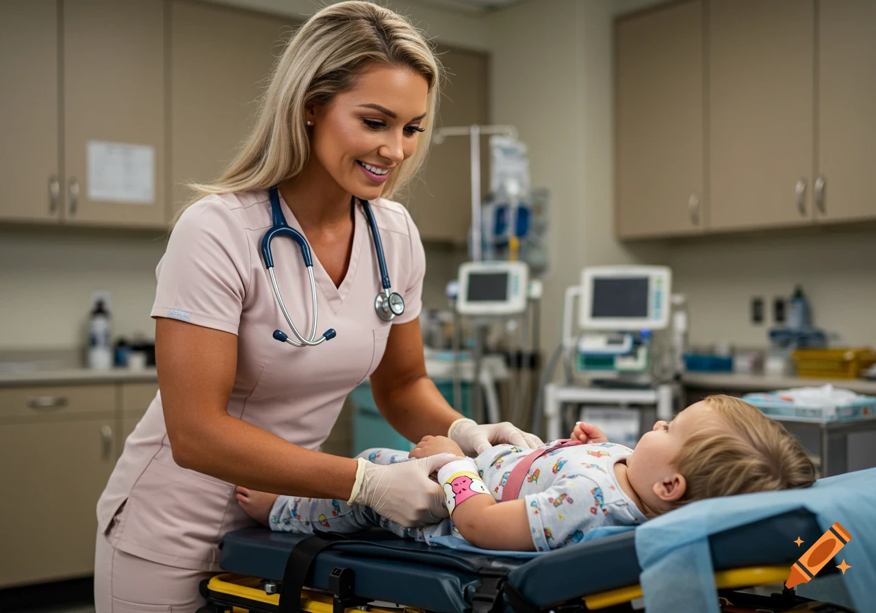A smiling blonde pediatric nurse in scrubs tends to a baby lying on a stretcher in a bright medical room.
