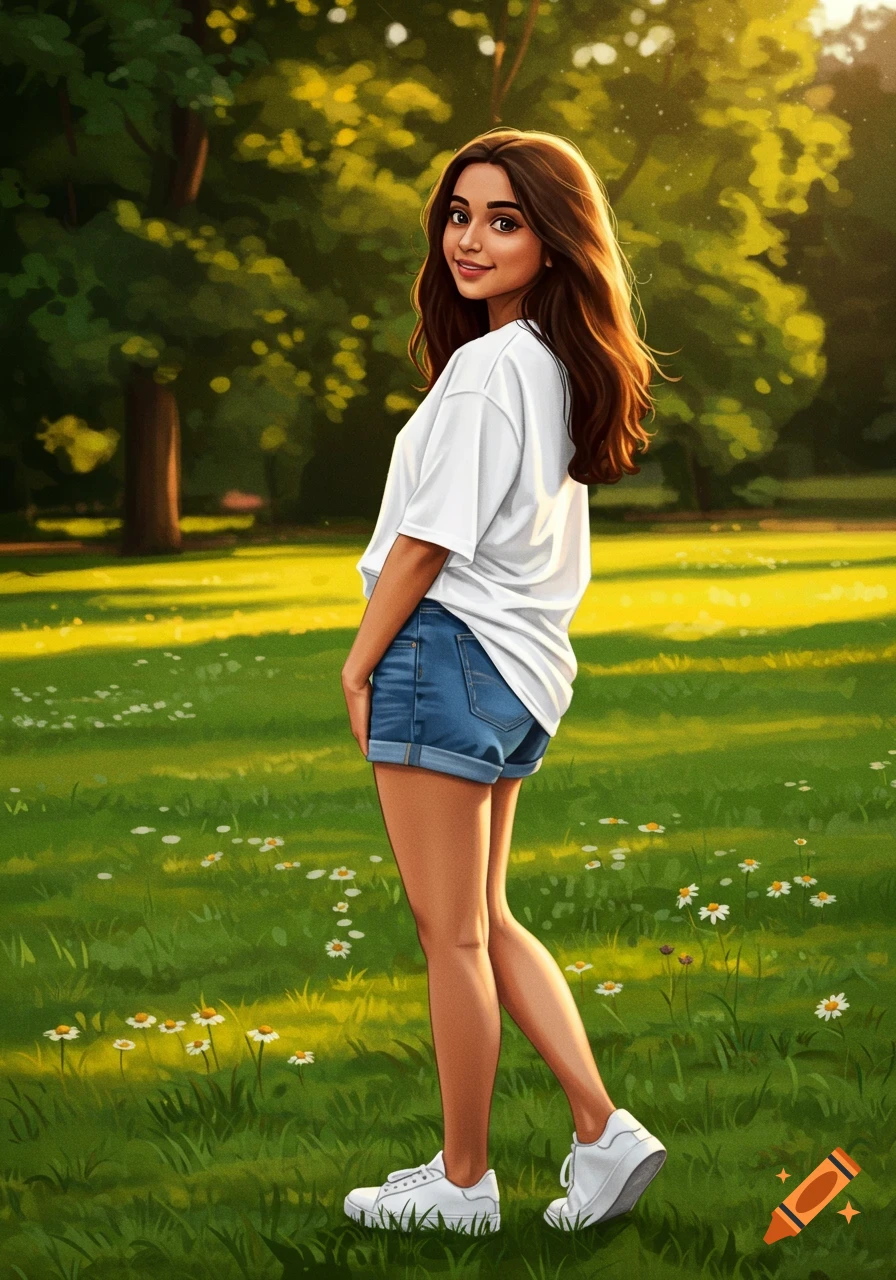 A stylized Indian girl with long brown hair, wearing a white t-shirt and denim shorts, smiles in a sunny park with trees.