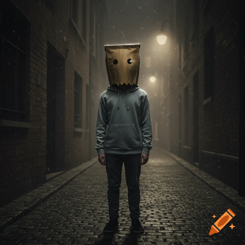 A person with a paper bag over their head, wearing a grey hoodie and dark pants, stands in a dark, rainy alley illuminated by streetlights.