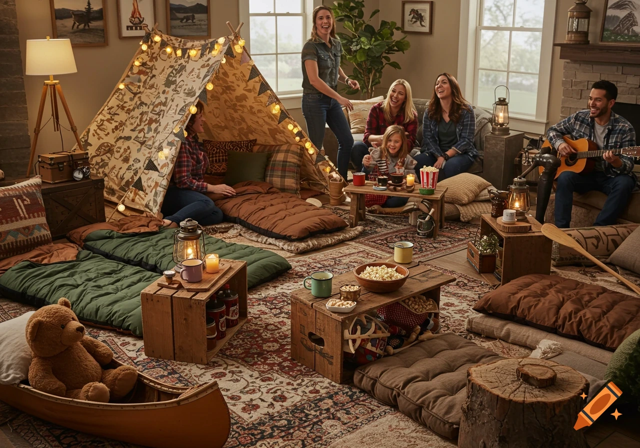 A group of adults and a child enjoy a cozy indoor camping party in a living room with a tent, sleeping bags, and snacks.