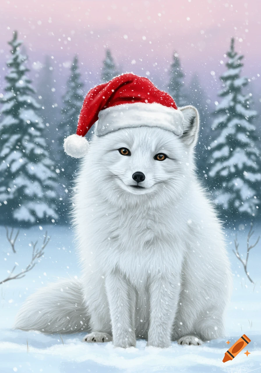 A detailed illustration of a white arctic fox wearing a red Santa hat, sitting in a snowy forest with falling snow, looking at the viewer.
