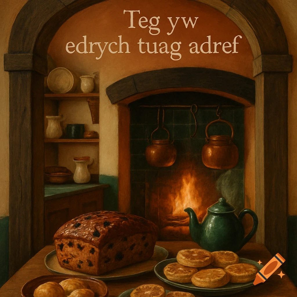Cozy traditional Welsh kitchen with a fireplace, copper pots, and a table of Bara Brith, Welsh cakes, and a teapot. Text 'Teg yw edrych tuag adref'.