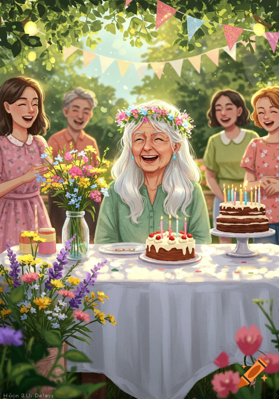 An old woman with a flower crown laughs at her outdoor birthday party, surrounded by family, cakes, and flowers, in a warm, illustrative style.