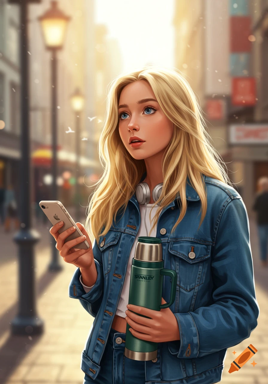 Digital art of a blonde woman in a denim jacket holding a Stanley thermos and a phone on a sunny city street.