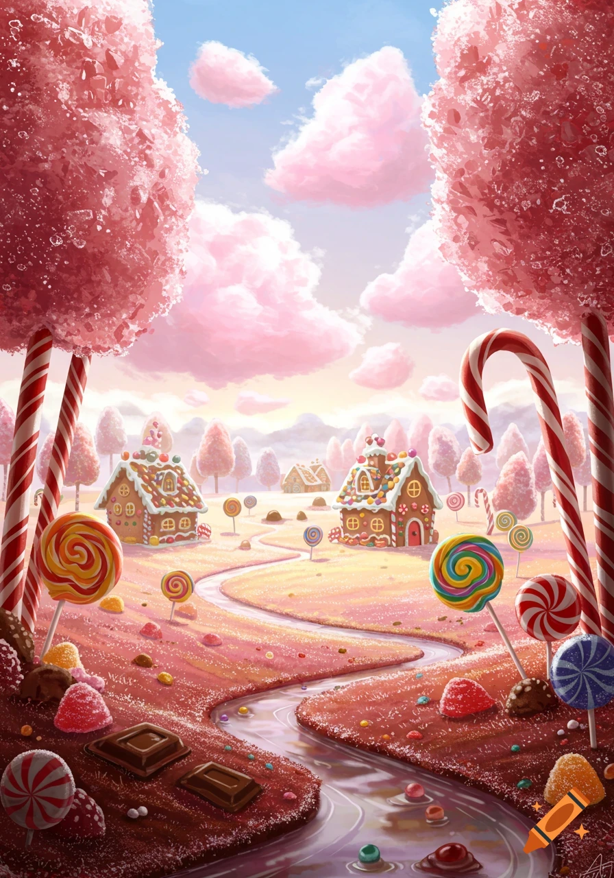 Vibrant fantasy candy land with gingerbread houses, lollipop trees, and a winding candy river under a pink cloud sky.
