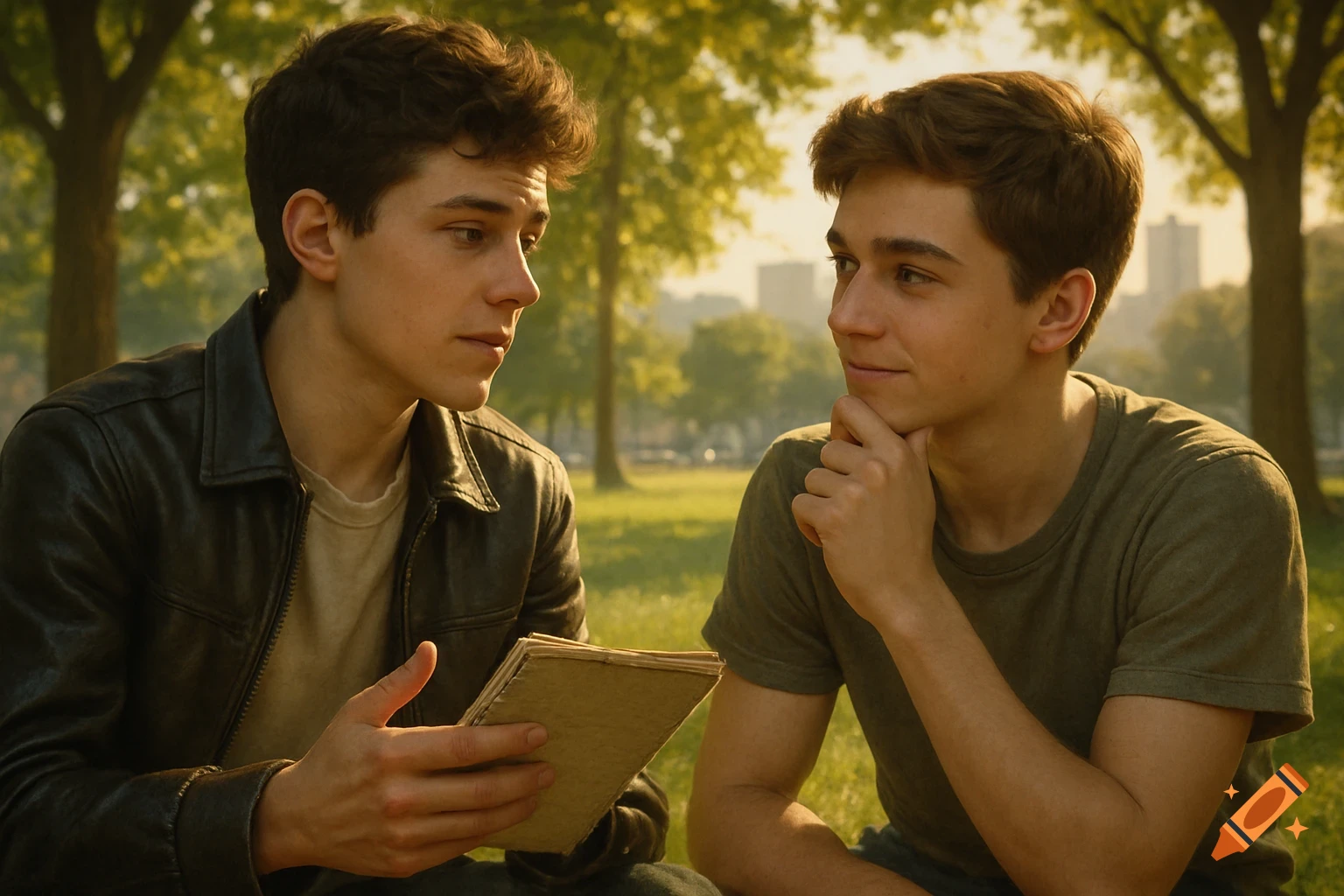Two photorealistic teenage boys sit in a sunny park. One in a leather jacket holds a notepad, looking at the other in a green shirt.