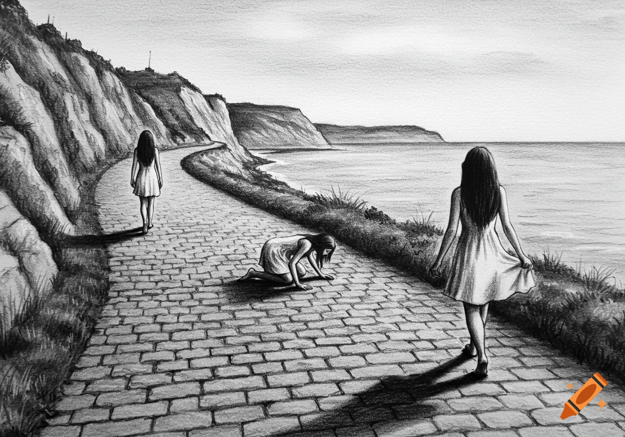 Black and white charcoal drawing of a woman in three stages on a coastal cobblestone path, walking, falling, and standing up.
